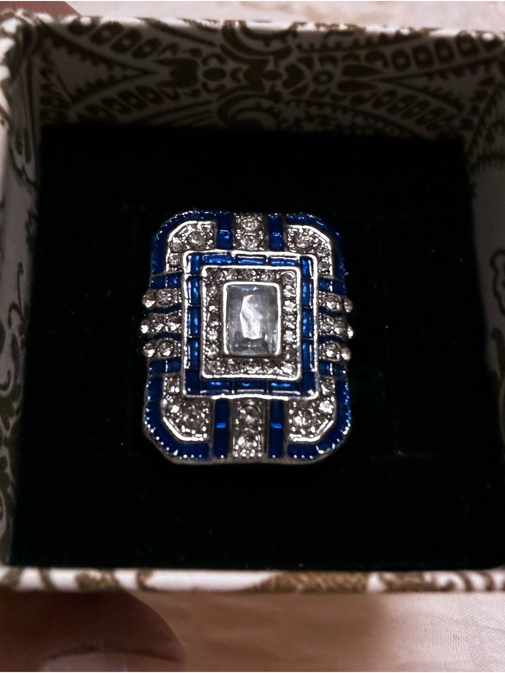 Elegant Blue and Silver Art Deco Cocktail Ring